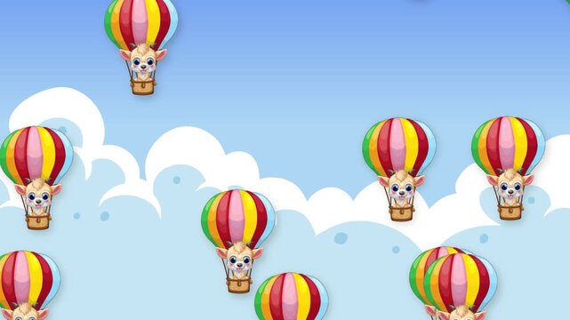 Cartoon Animals Floating in Colorful Hot Air Balloons Over Clouds