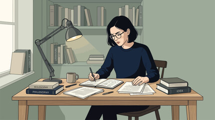 Focused Young Woman Studying and Writing at Desk in Cozy Home Library with Bookshelves and Lamp © mest selda blessun