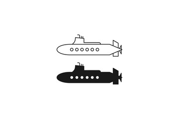 Fototapeta premium Submarine icon set in black silhouette and outline style, underwater naval ship graphic illustration isolated on white background