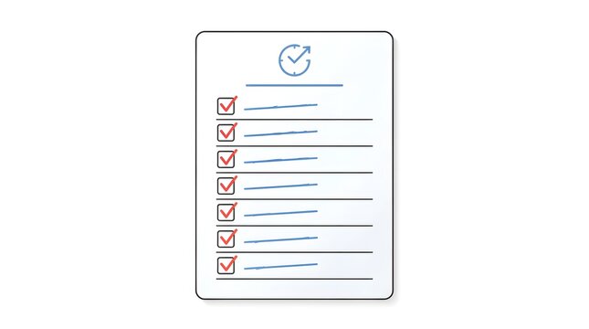 Vector illustration of a document featuring a clock icon and a completed checklist with red checkmarks. Concept for time management, project completion, and efficiency