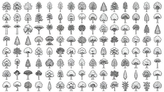 Minimalist tree icons set, 112 black and white line art tree symbols, architectural landscape plant silhouettes, vector nature elements for site plans