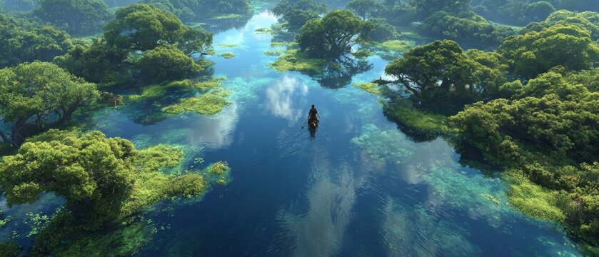 Immersed in nature's greenness: unveiling pure environment from the sky. Drama poster. Sweeping aerial views of green nature: rivers and verdant wilderness. Movie cover. Blockbuster art.