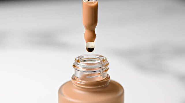 Dropper applying liquid foundation makeup.
