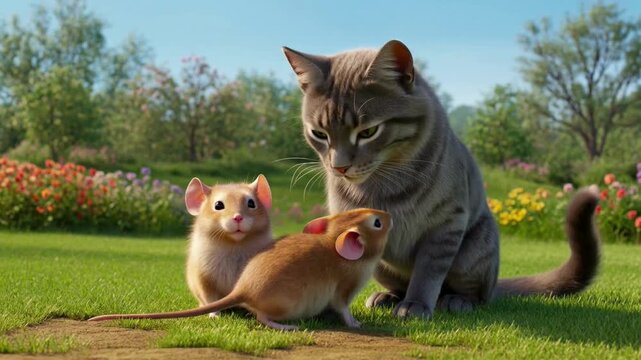 Gray Cat Sitting Watching Two Mice on Green Grass Sunny Flower Garden Peaceful Interaction Cuddling Friendly Animals Nature Outdoor Scene