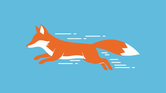A stylized orange fox with white accents is depicted in mid-leap
