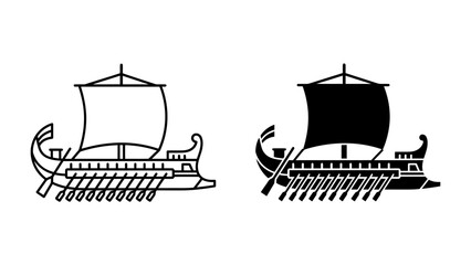 Ancient Greek Trireme Icons: A graphic depiction of an ancient Greek trireme warship, presented as both a black and white outline and a solid black silhouette. © সৈয়দ আল আমিন