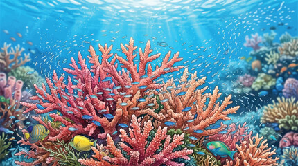 Vibrant Coral Reef Ecosystem teeming with Tropical Fish and Sunlight Rays Underwater Marine Life © mest selda blessun