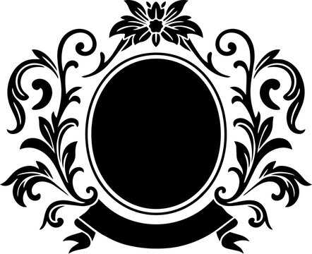 Ornate crest with crown shield and laurel branches banner and ribbon.