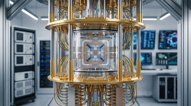 Futuristic quantum computer processor core with golden wiring and cryogenic cooling system in high tech laboratory, advanced artificial intelligence hardware, nanotechnology chi...