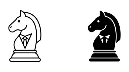 Chess Knight Icon Set: A minimalist design featuring two chess knight pieces, one in outline and the other in solid black, both adorned with a bowtie, symbolizing strategy and sophistication. © Md