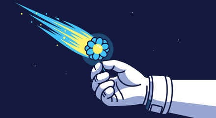 Astronaut hand holding a blue flower with a comet passing by. © Ridwan