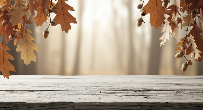 Autumn leaves on wooden table top