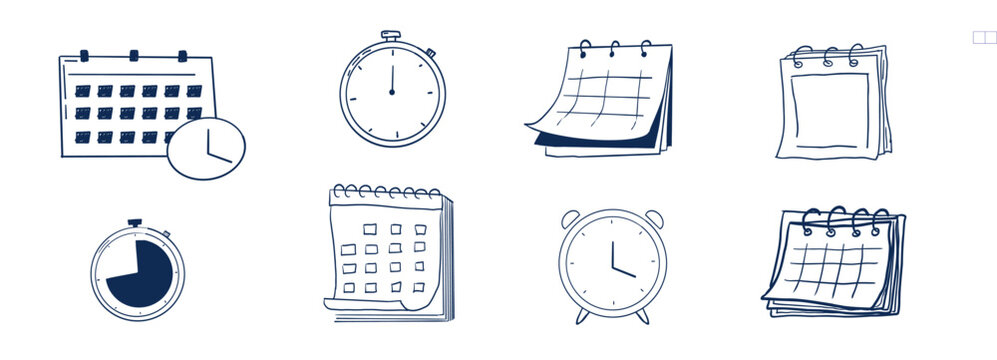 Calendar sketchy planner icon doodle grid icon, time hand drawn. Hanging desk line schedule set with stopwatch, time reminder. Calendar with a check mark