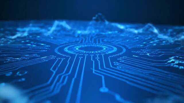 Blue circuit board with glowing lines and nodes