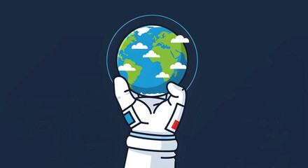 Astronaut holding planet Earth in hand with clouds. © Ridwan