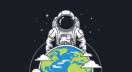 Astronaut holding planet Earth in outer space with stars and clouds. © Ridwan