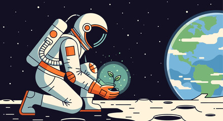 Astronaut planting a seedling on the moon with Earth in the background. © Ridwan