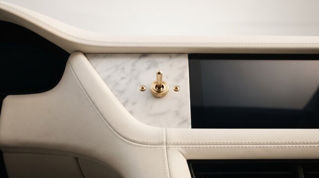 Elegant luxury vehicle dashboard detail featuring a brass toggle switch mounted on a premium marble inlay with hand-stitched cream leather upholstery