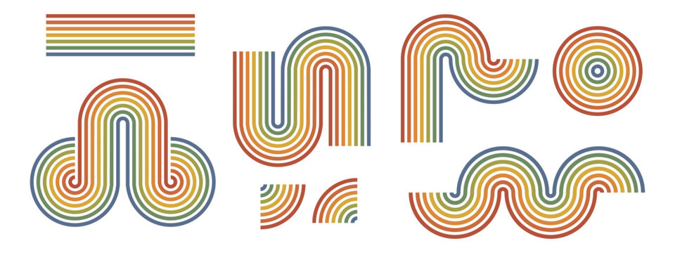 Retro groovy stripe element set. Arch, wave, S-curve, loop, circle multiline shapes. Earth-tone rainbow colors. For poster, logo, print, pattern, background. Vector geometric decorative elements.