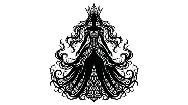 Elegant Black Queen Silhouette with Crown and Ornate Dress, Dark Fantasy Art