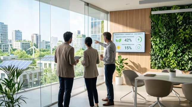 Diverse business team analyzing sustainability metrics on digital screen in modern eco-friendly office with green wall, discussing renewable energy and environmental impact stra...