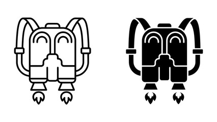 Jetpack Icon: A striking depiction of a jetpack, presented in both outline and solid black versions, symbolizing futuristic travel and adventure with its twin thrusters emitting a trail of fire. © Md