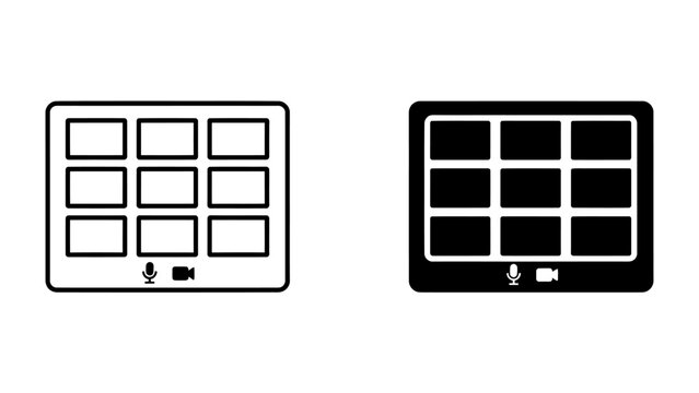 Tablet Interface Grid: A digital tablet displaying a grid of nine video feed windows, a microphone icon, and a camera icon, representing multi-channel monitoring or viewing.