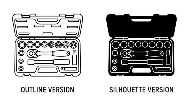 Toolbox Outline and Silhouette: Two versions of an open toolbox filled with various tools, presented in both an outline and a silhouette style for design flexibility.