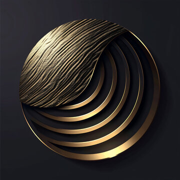 Abstract gold circle with textured wavy pattern and metallic rings