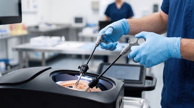 Gloved hands handling endoscopic surgery tools