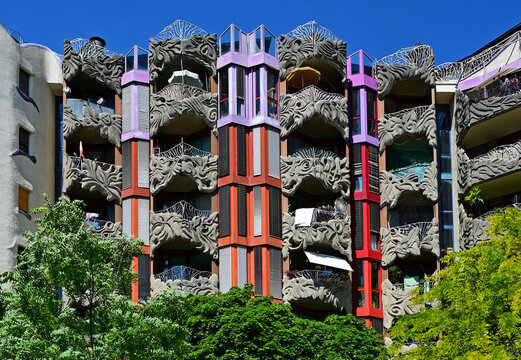 Geneva, Switzerland, Europe - 05.2026 : Schtroumpfs complex known as Smurfs from 1984, Grottes quarter, organic forms as in Gaudi and Hundertwasser works, Swiss architects Frei, Hunziker, Berthoud