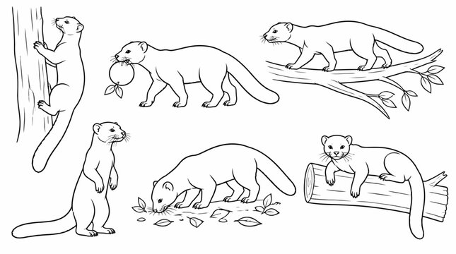 Marten animal outline set in various poses, hand-drawn vector illustration