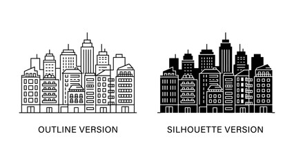 Cityscape Collection: A striking collection of urban architectural designs, featuring both outline and silhouette versions of a modern city skyline. © Md