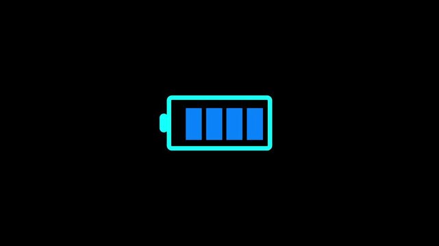 Animated battery level indicator charging up with blue neon glowing elements on black background