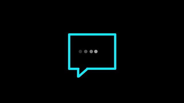 Animated speech bubbles with glowing neon blue outlines appear and disappear on a black background representing communication