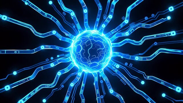 Futuristic glowing blue brain with circuits