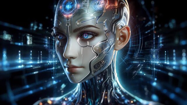Video of humanoid female android with glowing circuits and bright eyes in a futuristic technology scene.