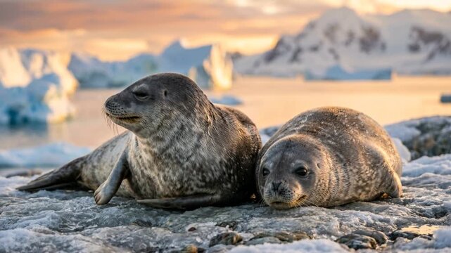 two crabeater seals resting on antarctica coast golden light close up video
