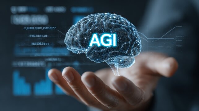 The intelligence frontier: exploring general ai and its business impact. Corporate finance. Innovative business showcase: holographic brain symbolizing ai's potential. Growth strategy.