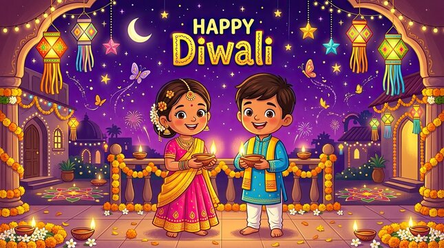 Festive diwali illustration children with diyas celebrating the festival of lights
