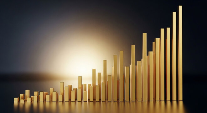 Golden bars ascend dramatically across a dark, reflective surface, signifying remarkable financial growth and triumphant market success in a dynamic visual representation of economic prosperity