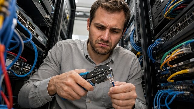 POV between server racks as a network technician crimps an RJ45 Ethernet cable in a data center, focusing on precision work, structured cabling, network maintenance and IT infrastructure.