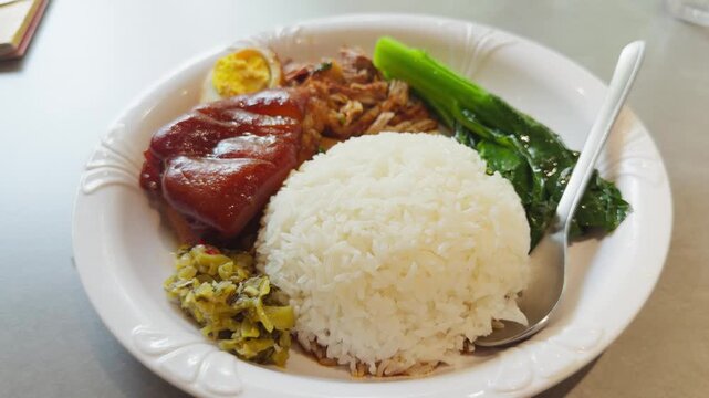 Cantonese Braised Pork Trotter Rice Plate Handheld Slow Pan Shot