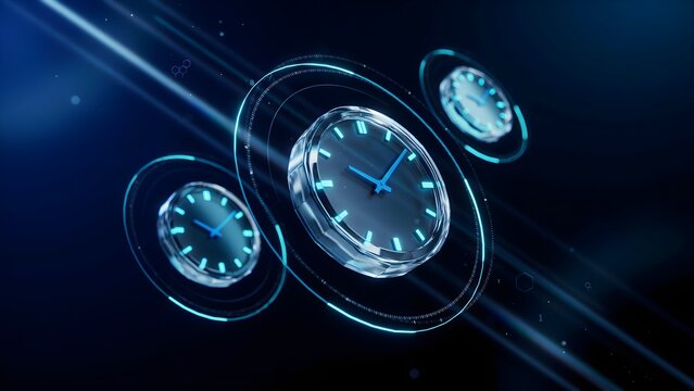 Translucent holographic analog clocks circling neon blue rings &ndash; Ideal for futuristic time travel movies, virtual reality operating systems, or crypto trading.