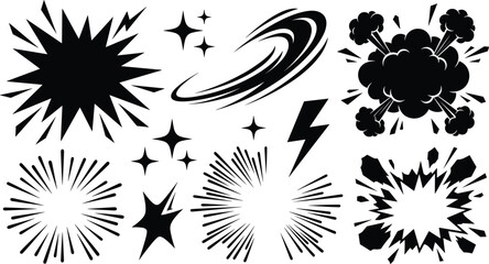 Comic Book Explosion and Speed Line Silhouette Bundle featuring Pop Art Speech Bubbles Smoke Clouds Lightning and Sparkle Stars for Manga Action Graphics Vector Designs © Yousuf