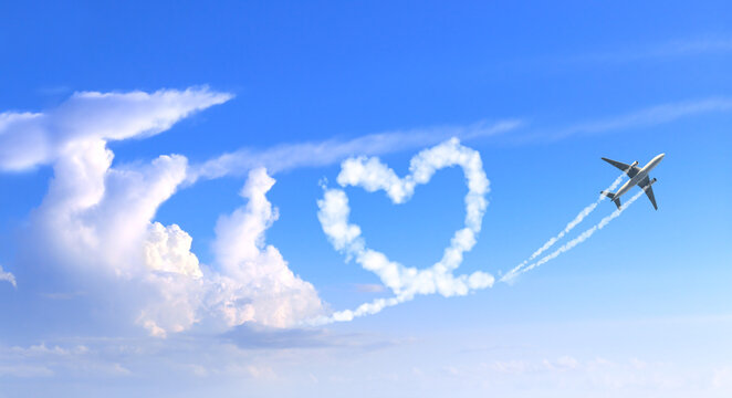 Horizontal background with airplane drawing heart in sky. Jet flight route of aircraft in shape of a heart. Heart-shaped flight path drawn by a plane. Topic of holiday, travel, trip abroad on vacation