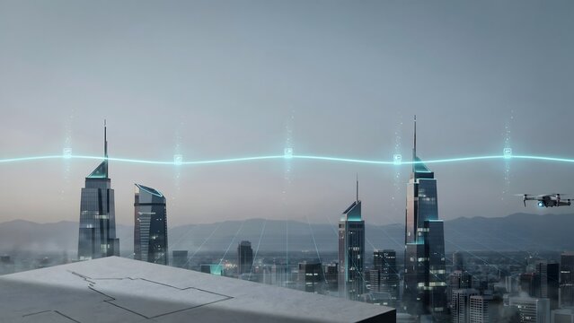 Cyan blue timeline ribbon arcing across city skyline at dusk &ndash; Suitable for smart city implementation, real estate infrastructure plans, or regional growth charts.