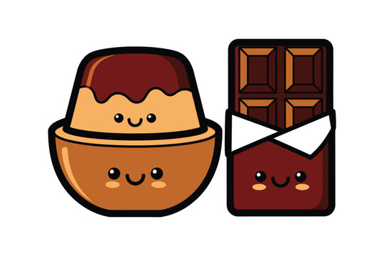 Kawaii Chocolate Bar and Caramel Pudding Vector Illustration