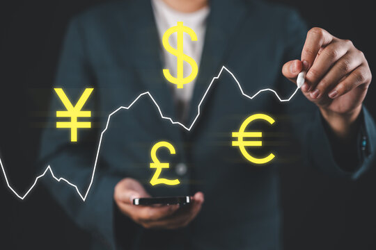Drawing graph of exchange rate on chalkboard. Exchange rate fluctuations concept.