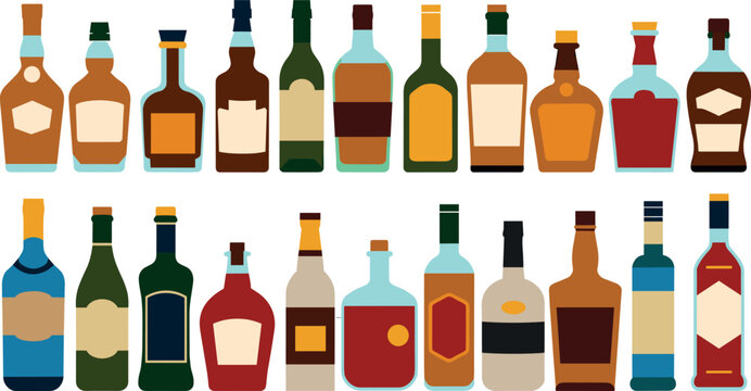 Vector illustration collection of diverse alcohol bottles featuring whiskey rum vodka gin wine and liquor isolated on white background.
